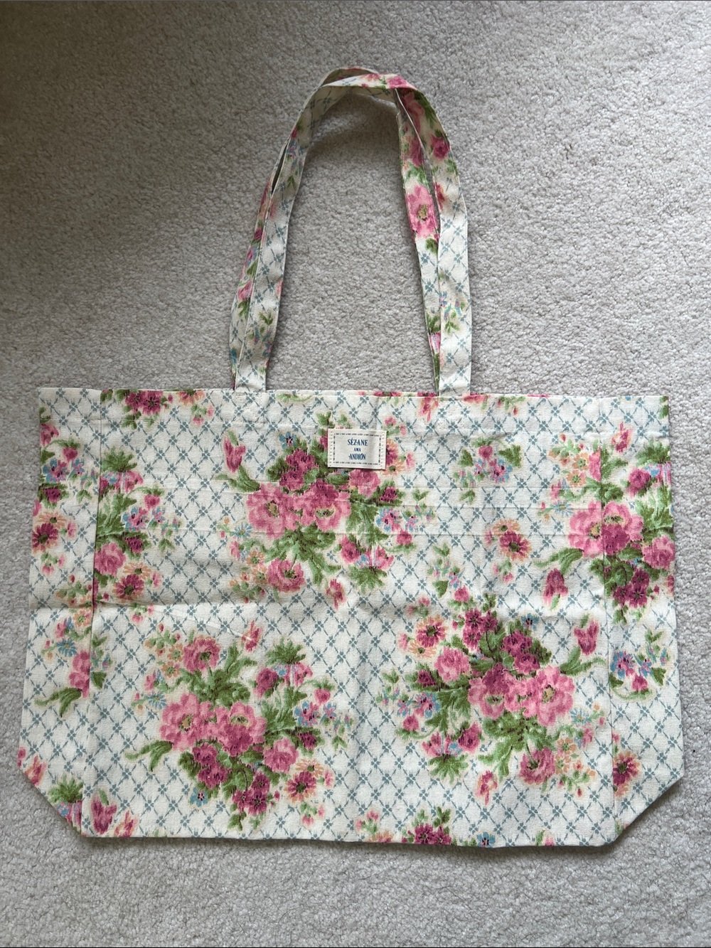 Sézane 🇫🇷 Andion Collab Pink Cream Floral Canvas Market Tote Bag NEW
